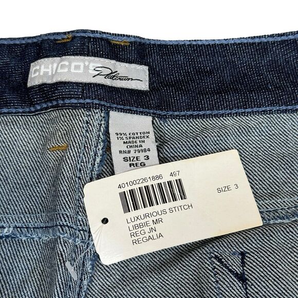 Chico's Platinum Denim Jeans Bottoms Luxury Stitched Design Floral Womans Size 3 - Picture 9 of 9
